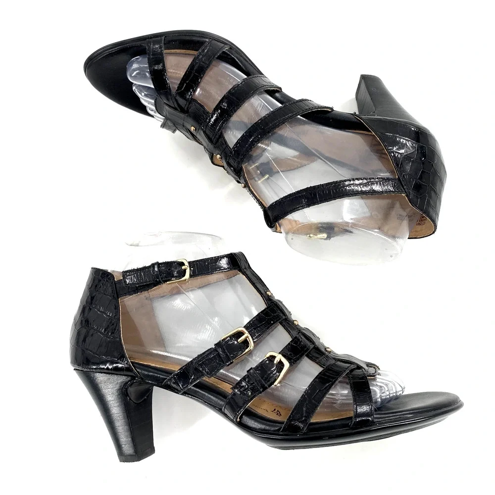 Sofft Womens Cage Strappy Heels Pumps Black Croc Embossed Leather Sz‎ 8M Comfort